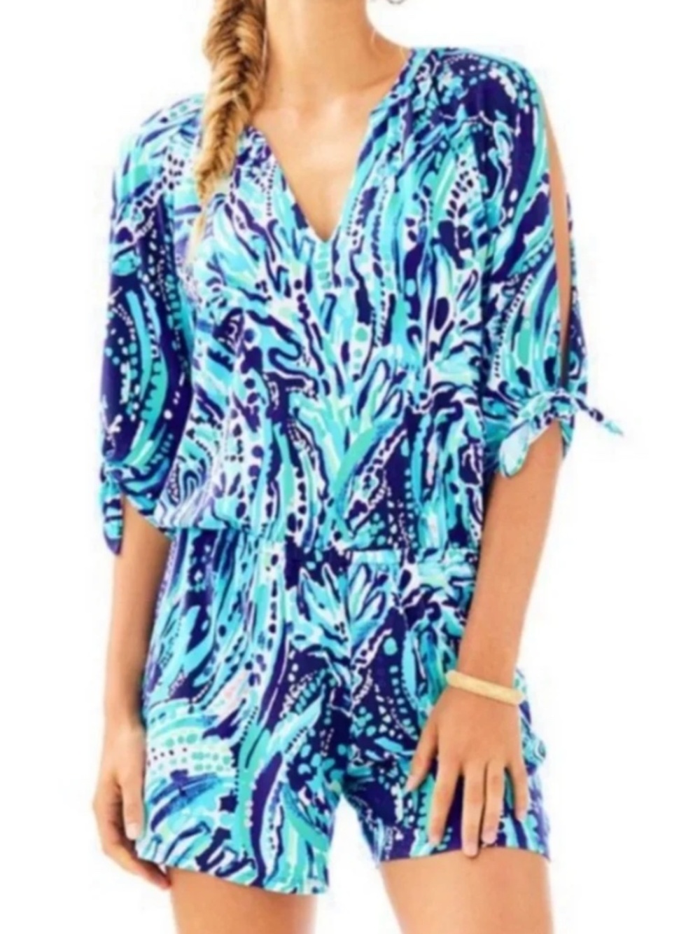Lilly Pulitzer Bryce Crash The Bash Blue White Romper Size S Rayon Open Sleeve